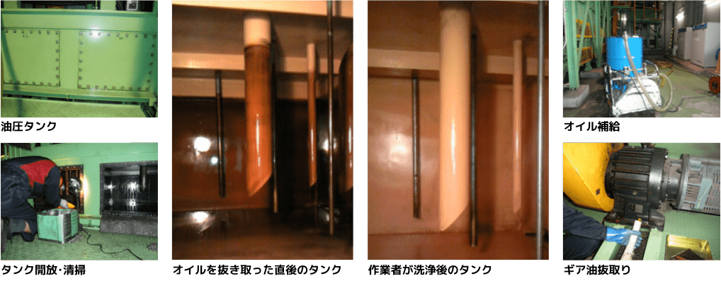 油圧タンク タンク開放・清掃 オイルを抜き取った直後のタンク 作業者が洗浄後のタンク オイル補給 ギア油抜取り